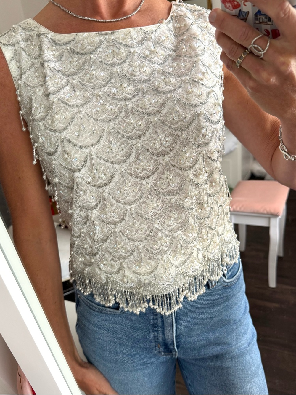 Vintage Ohrbach’s Beaded Lace Fringe Top Ivory Pearl Sequin Art Deco Glam